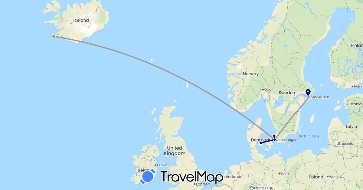 TravelMap itinerary: driving, plane in Denmark, Iceland, Sweden (Europe)