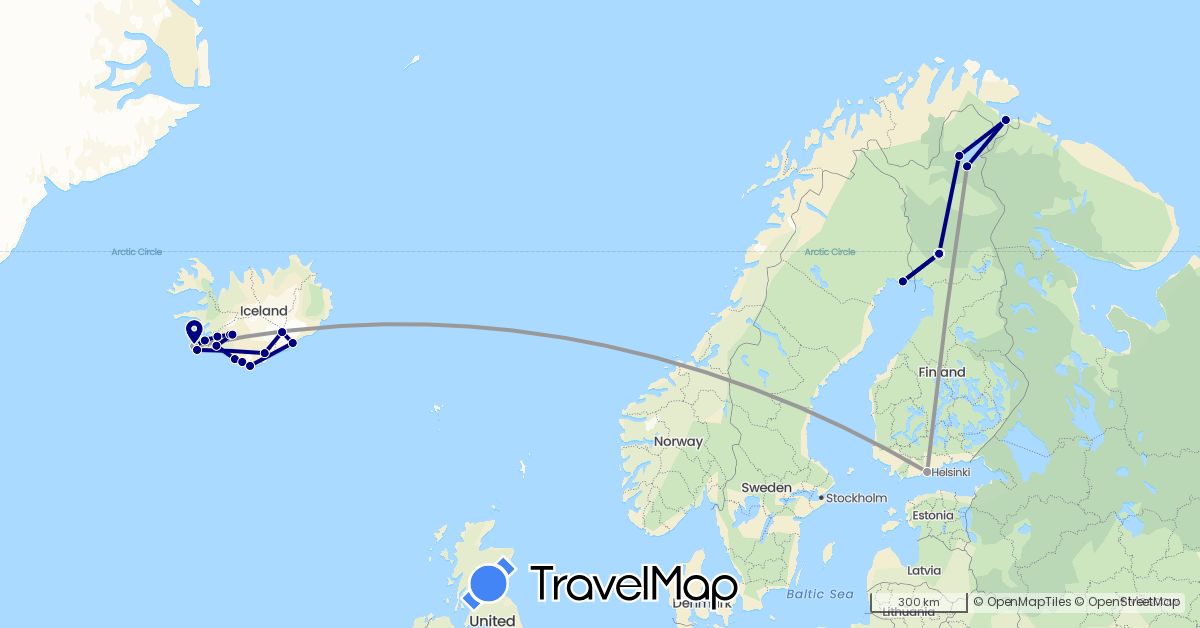 TravelMap itinerary: driving, plane in Finland, Iceland, Norway, Sweden (Europe)