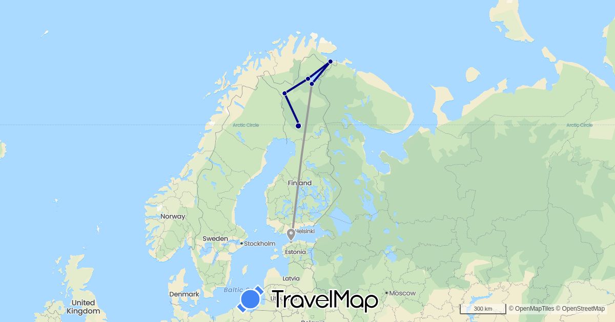 TravelMap itinerary: driving, plane in Estonia, Finland, Norway (Europe)