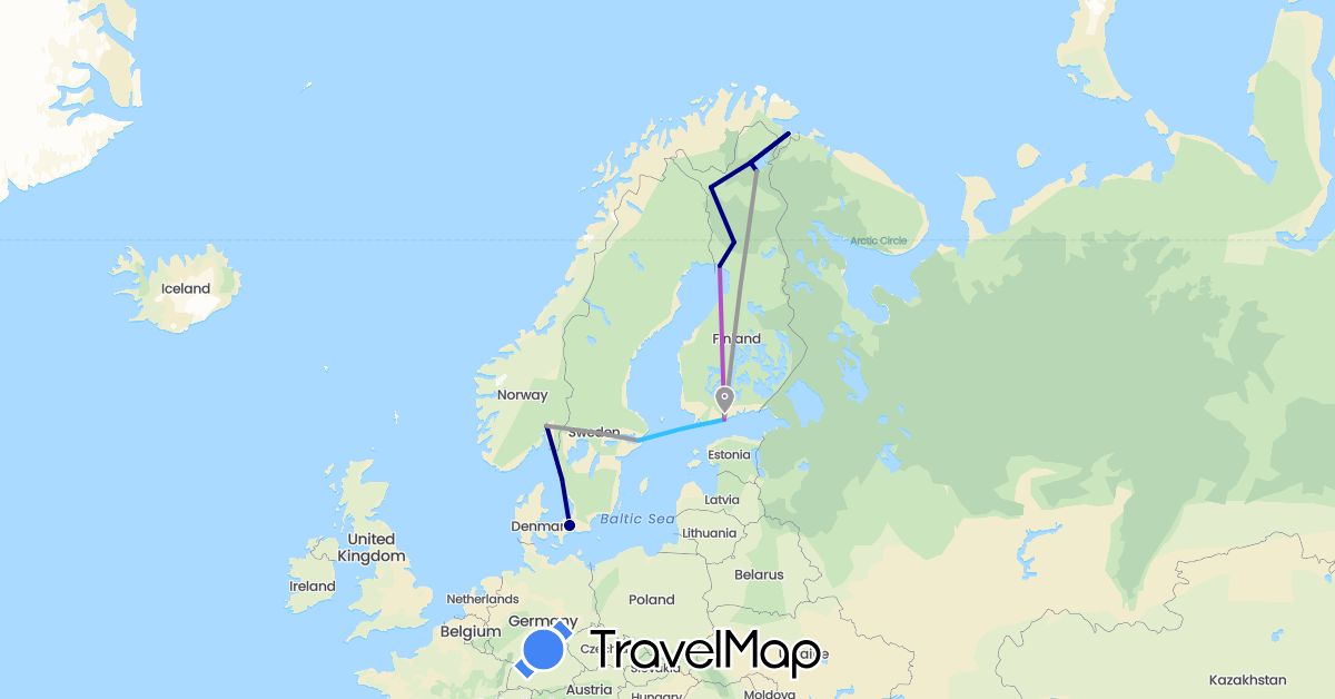 TravelMap itinerary: driving, plane, train, boat in Denmark, Finland, Norway, Sweden (Europe)