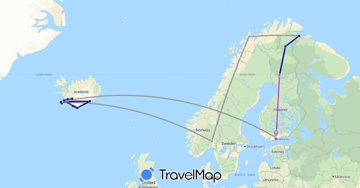 TravelMap itinerary: driving, plane, train in Finland, Iceland, Norway (Europe)