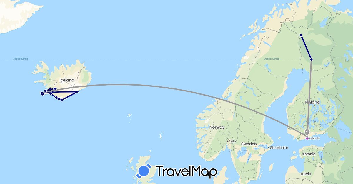 TravelMap itinerary: driving, plane, train in Finland, Iceland (Europe)