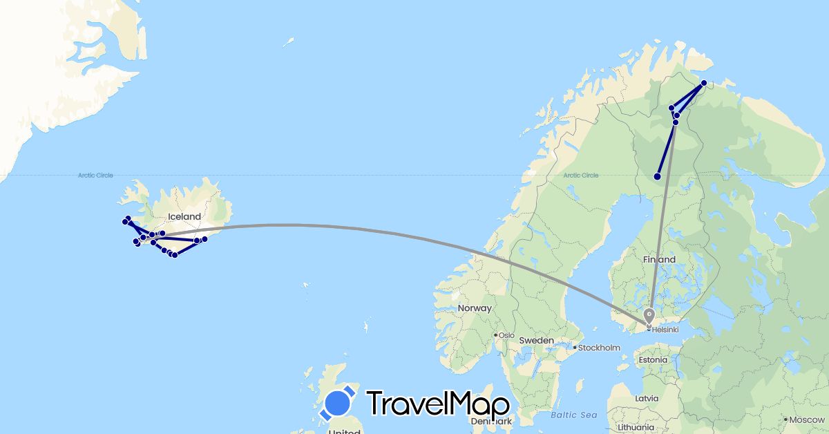 TravelMap itinerary: driving, plane in Finland, Iceland, Norway (Europe)