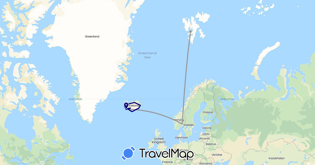 TravelMap itinerary: driving, plane in Iceland, Norway (Europe)